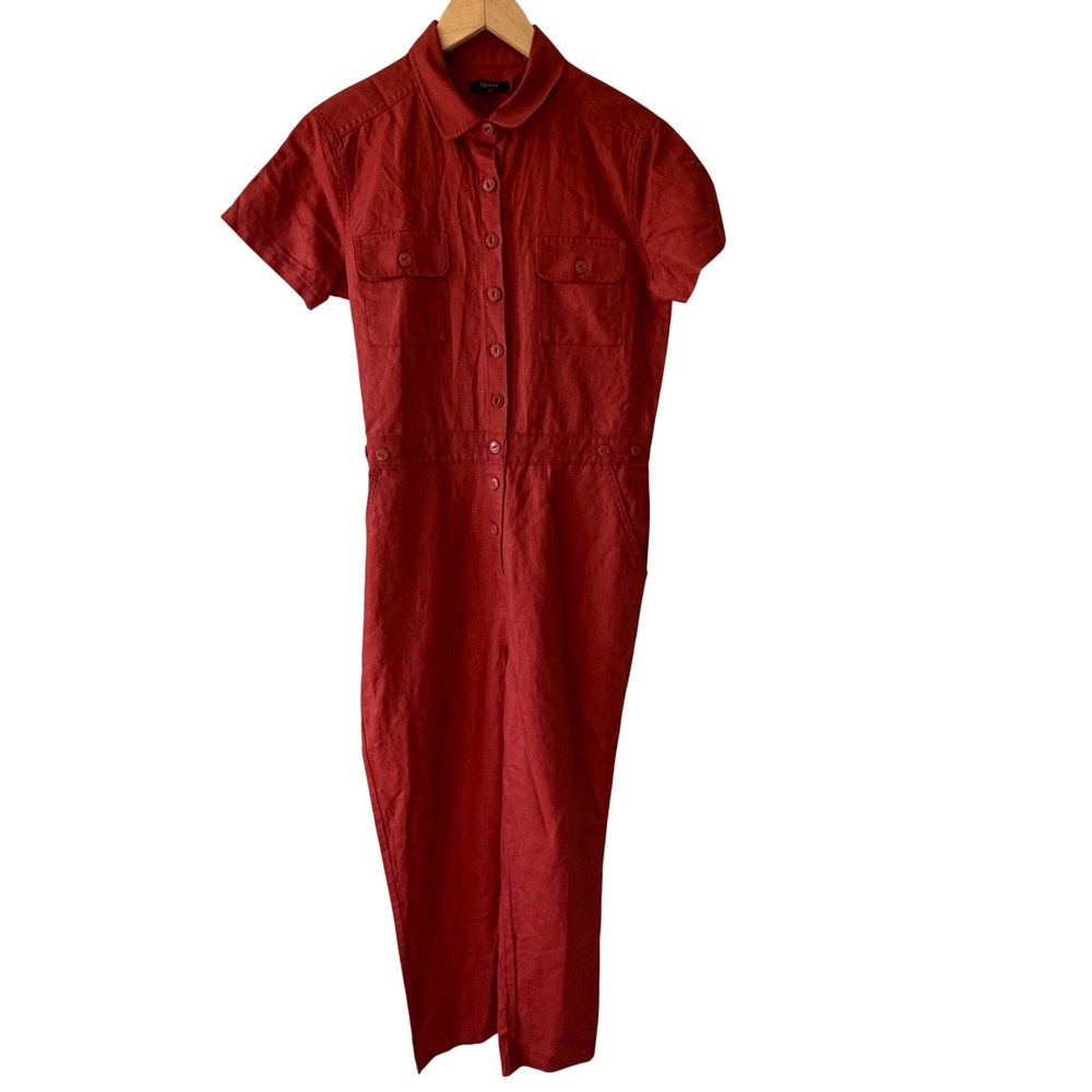 Quince Cotton Linen Twill Short Sleeve Coverall Jumpsuit Rust Red KDW01 S